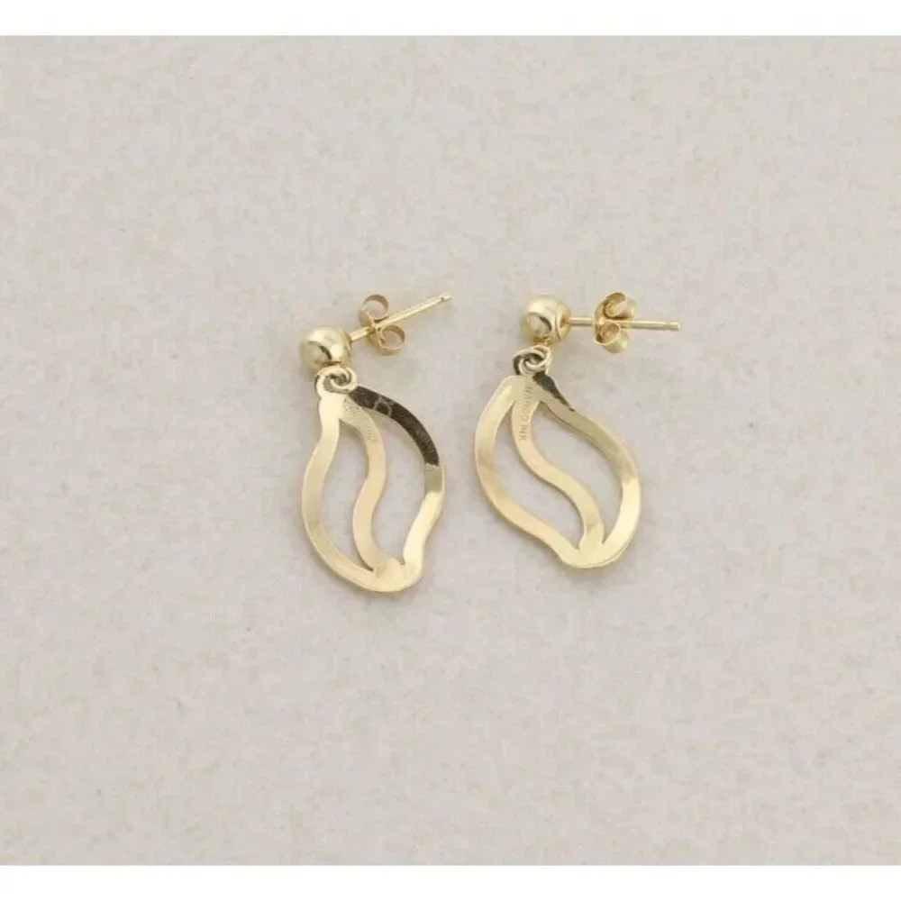 14k Yellow Gold Wave Earrings Modernist Dangle Drop - Picture 6 of 7
